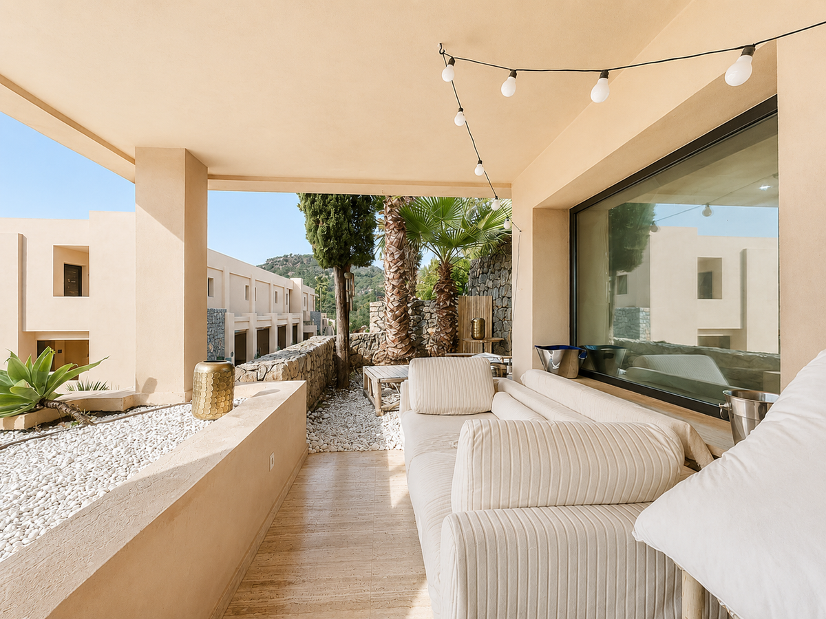 Covered terrace at dusk