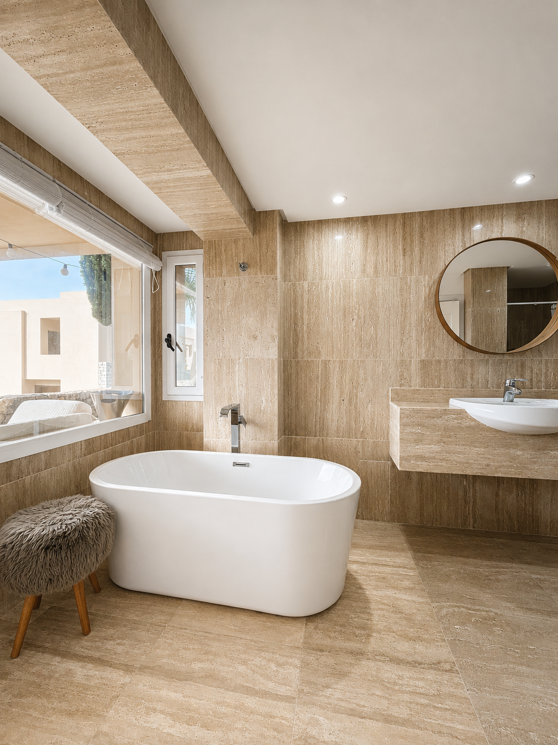 Travertine bathroom with freestanding tub